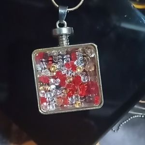 Diamond Filled Glass Perfume Bottle Pendant Necklace Silver